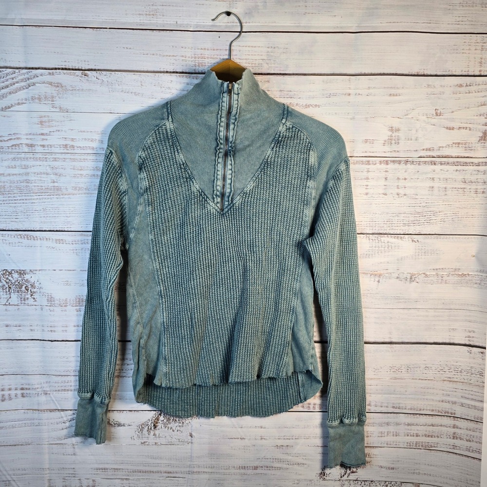 FP One Free People Small Washed Blue Waffle Knit Half Zip Pullover Boho